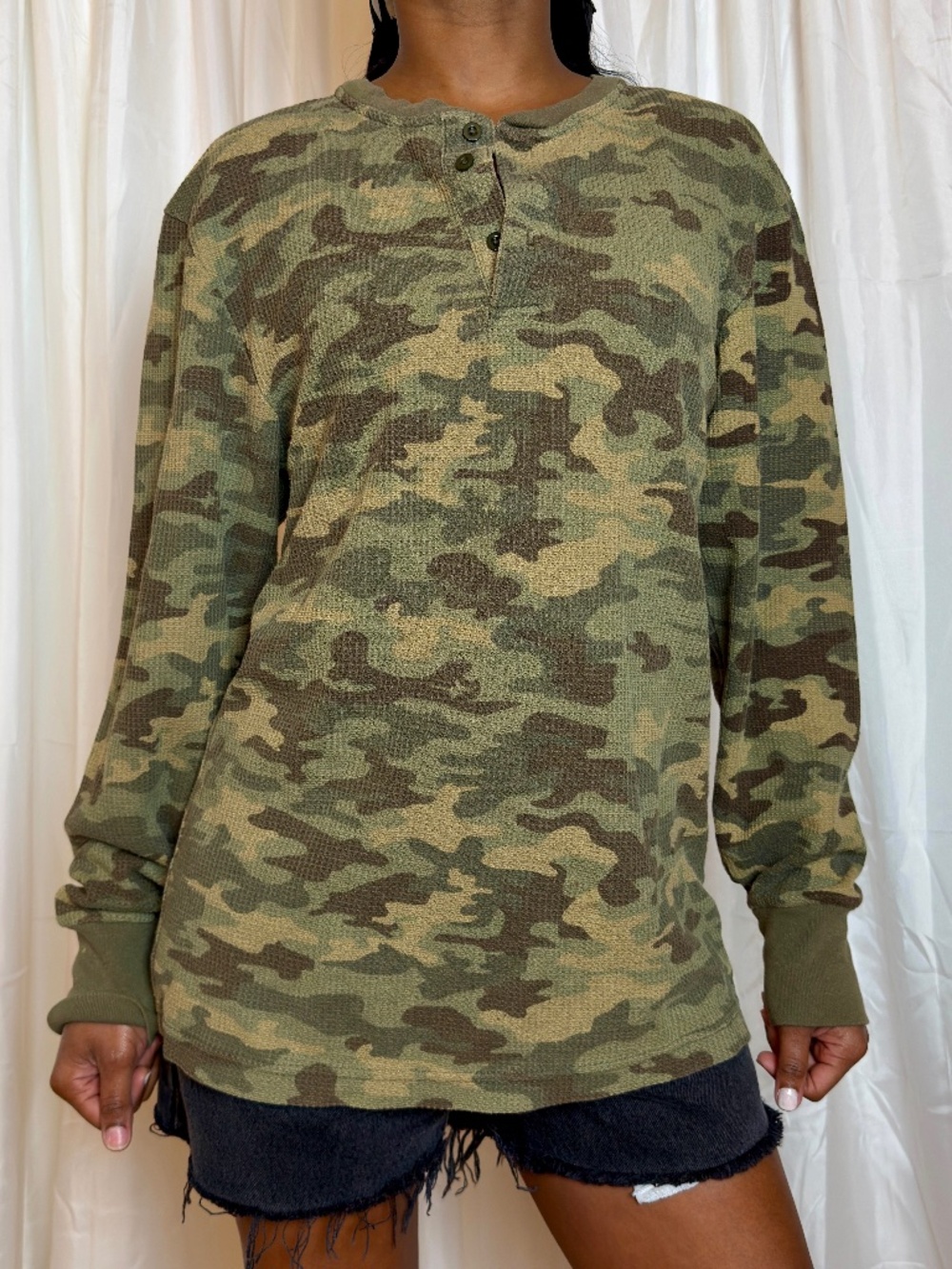 Joe Boxer Camouflage Waffle Knit Henley Long Sleeve Shirt